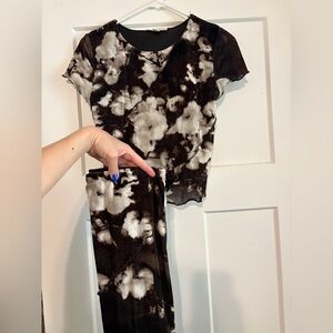 Tie-Dye Black & Cream Short Sleeve Top and Skirt Set